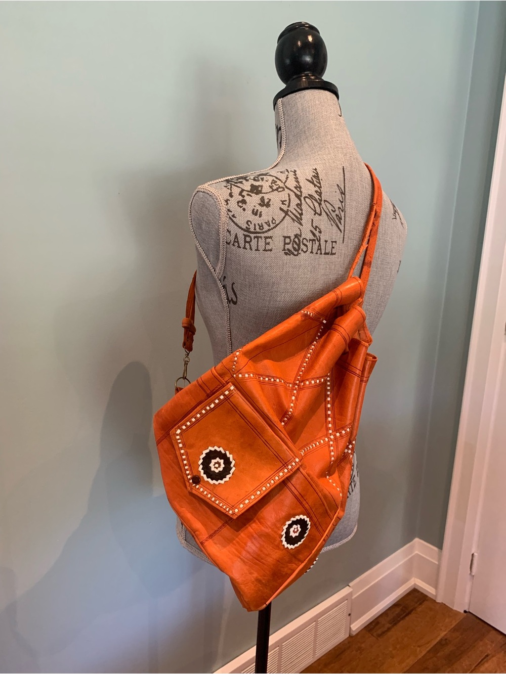 Orange Leather Hobo Bag with Stitch and Patch Details